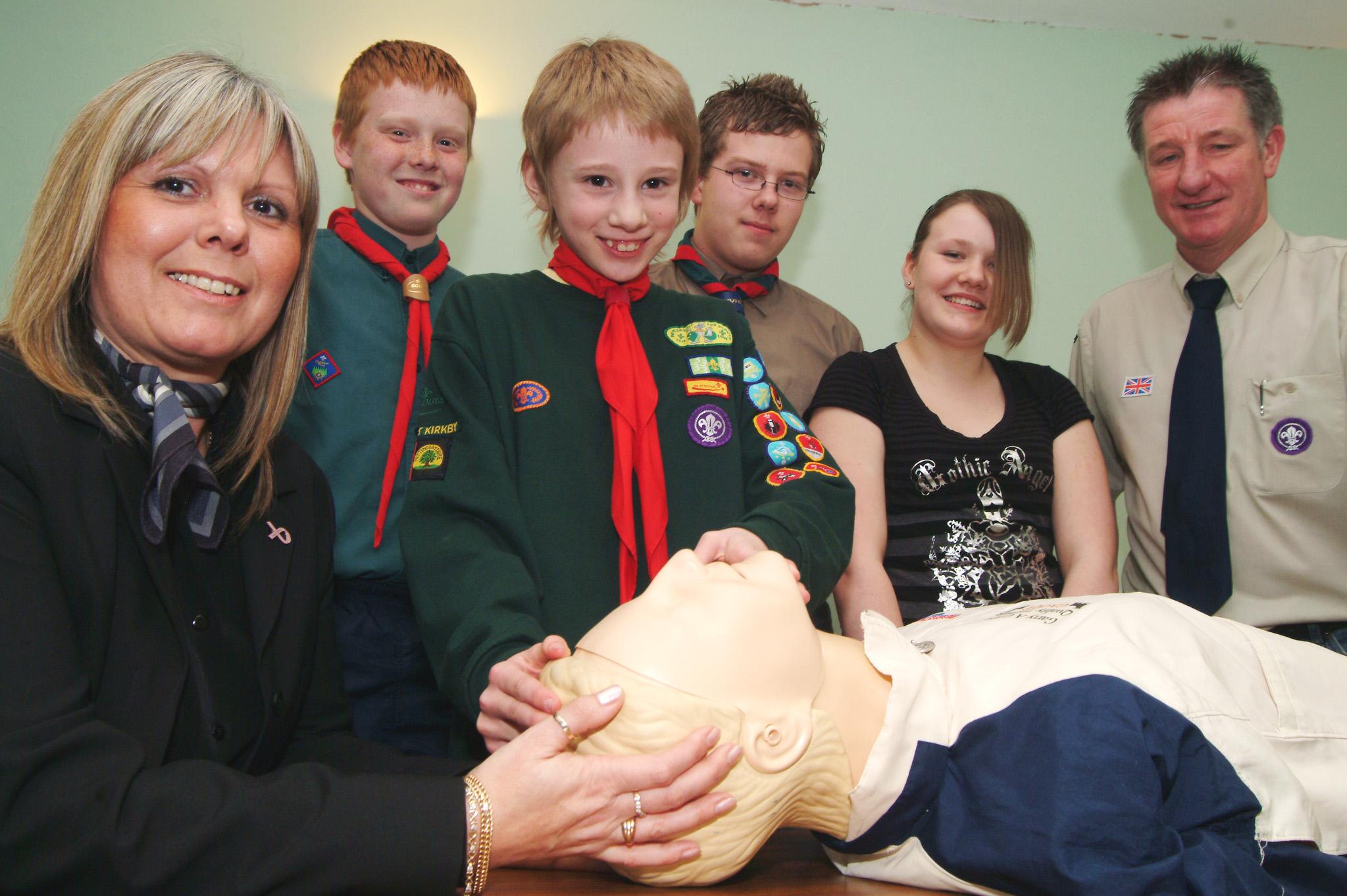 Hardwick Management Centre ran a two-week First Aid course for cubs, scouts, explorer scouts and parents in Kirkby in 2007. Pictured from the left is Lesley Blick  Manager of the centre with James Green 13, Amy Herberts 10, Matthew Brimble 17, Nikki Coupe Training Team member and Scout Leader Rob Ellson