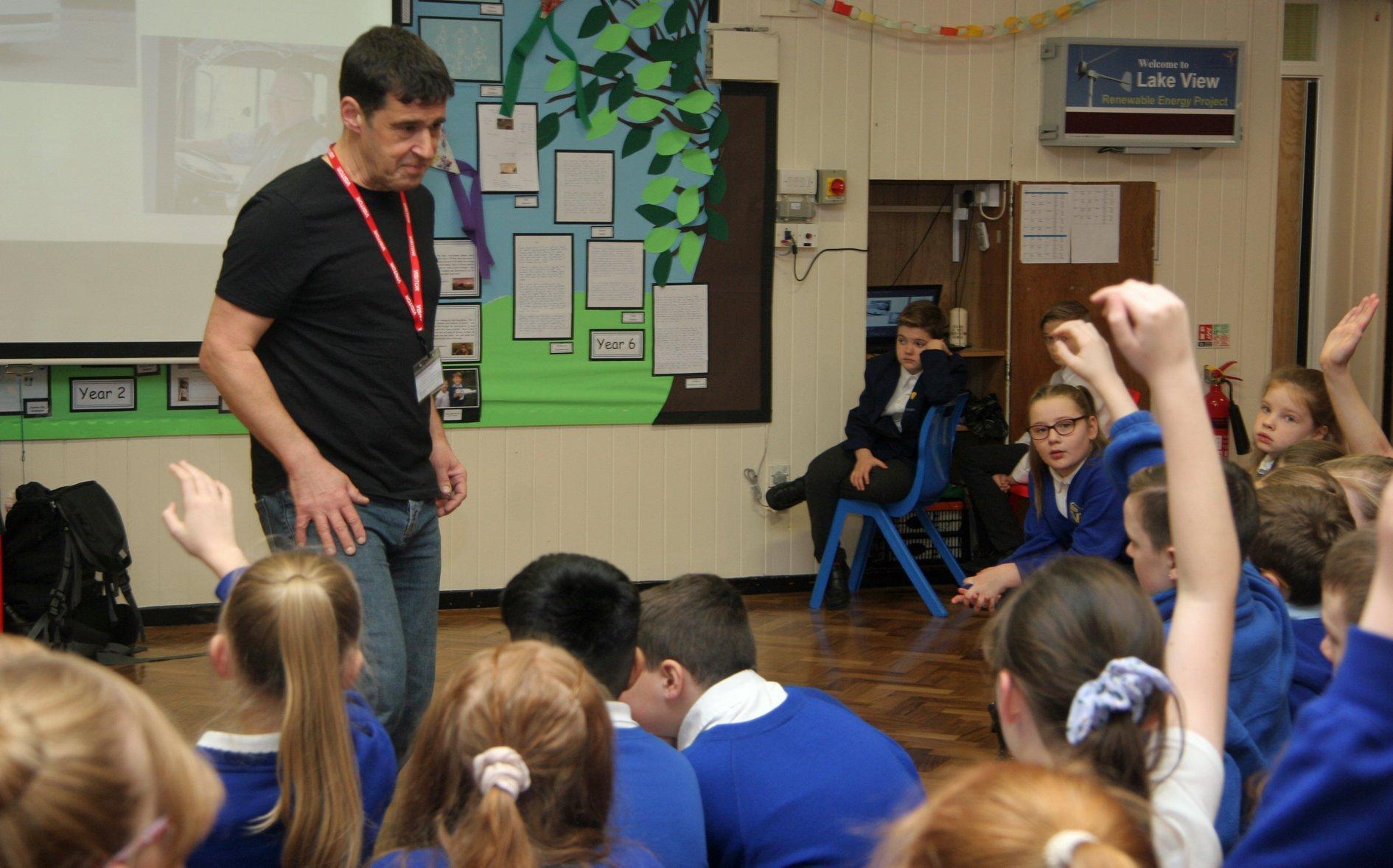 Tom Palmer takes questions from the schoolchildren.