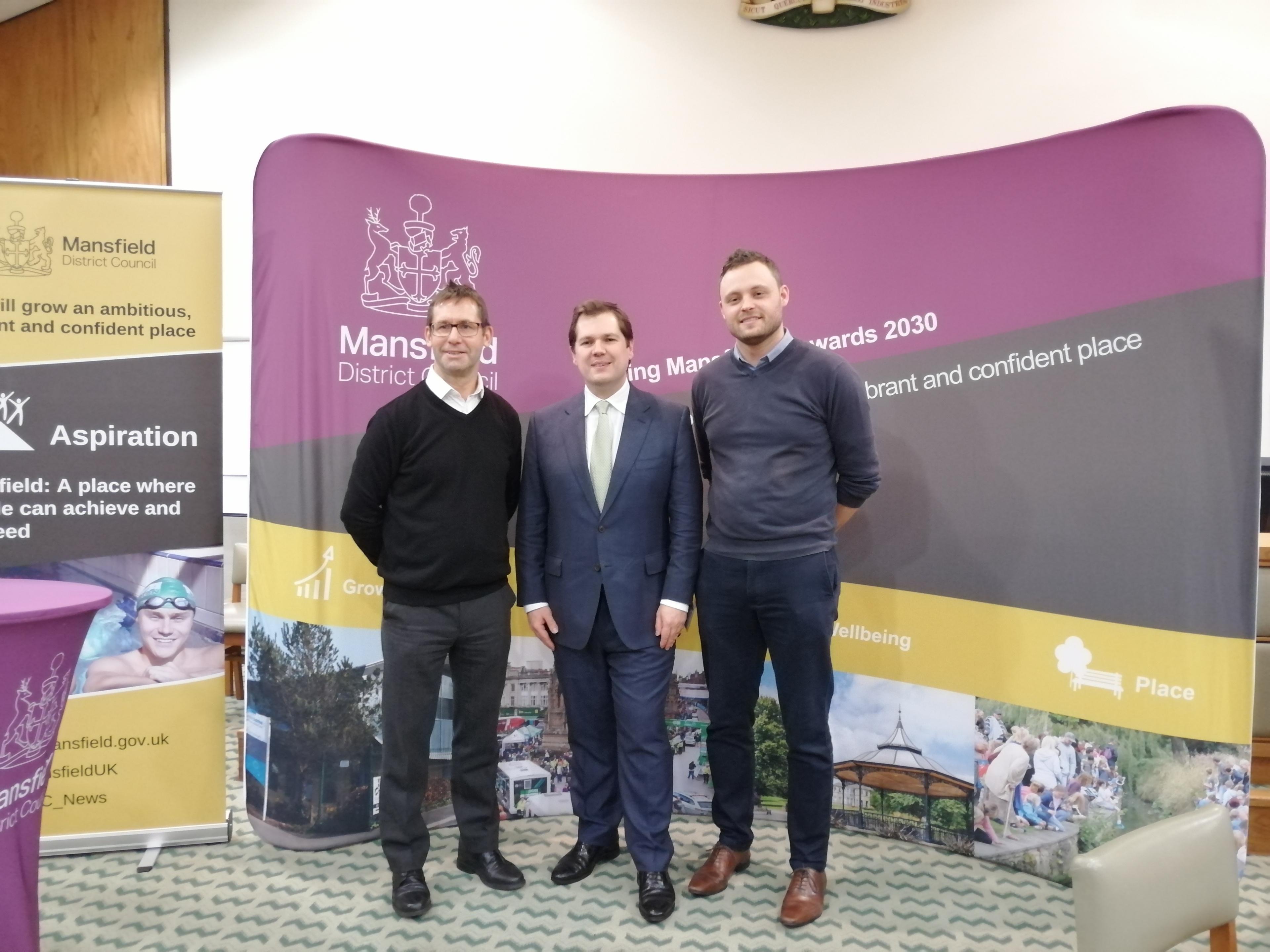 Andy Abrahams, Mansfield mayor, Robert Jenrick MP, and Ben Bradley, at Mansfield Civic Centre.