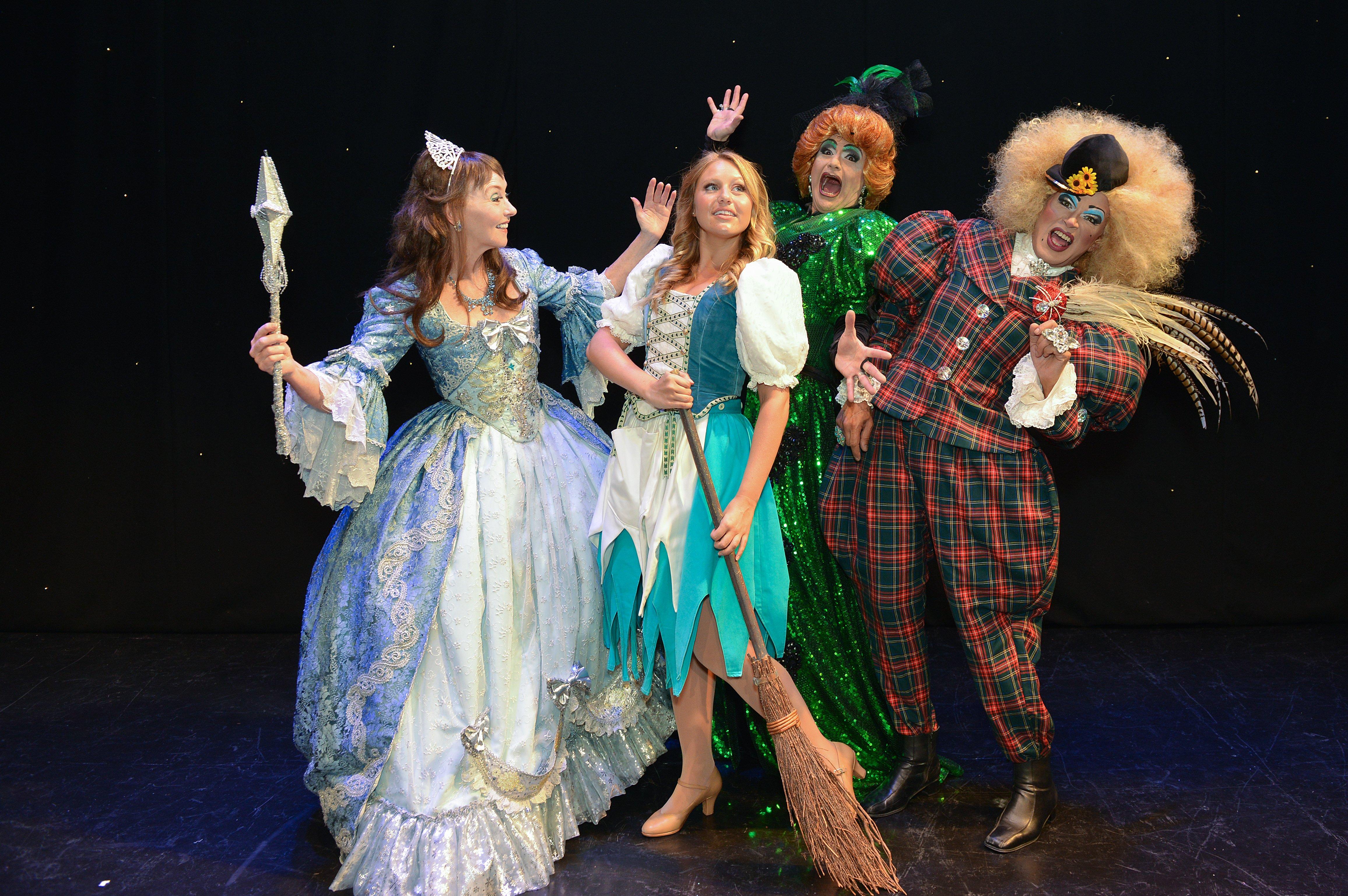 Mansfield Palace Theatre presents Cinderella, pictured are Melanie Walters as the Fairy Godmother, Olivia Birchenough as Cinderella and Jamie Morris and Tarot Joseph as the Ugly Sisters
