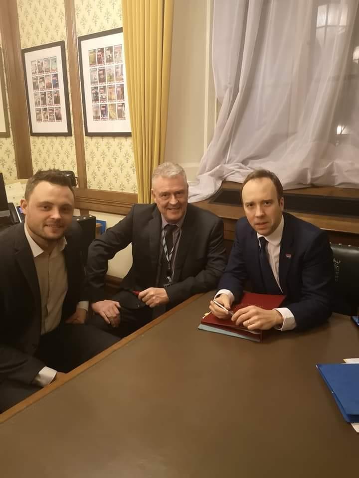 Mansfield MP Ben Bradley, left, and Ashfield MP Lee Anderson, centre, with Health Secretary Matt Hancock.