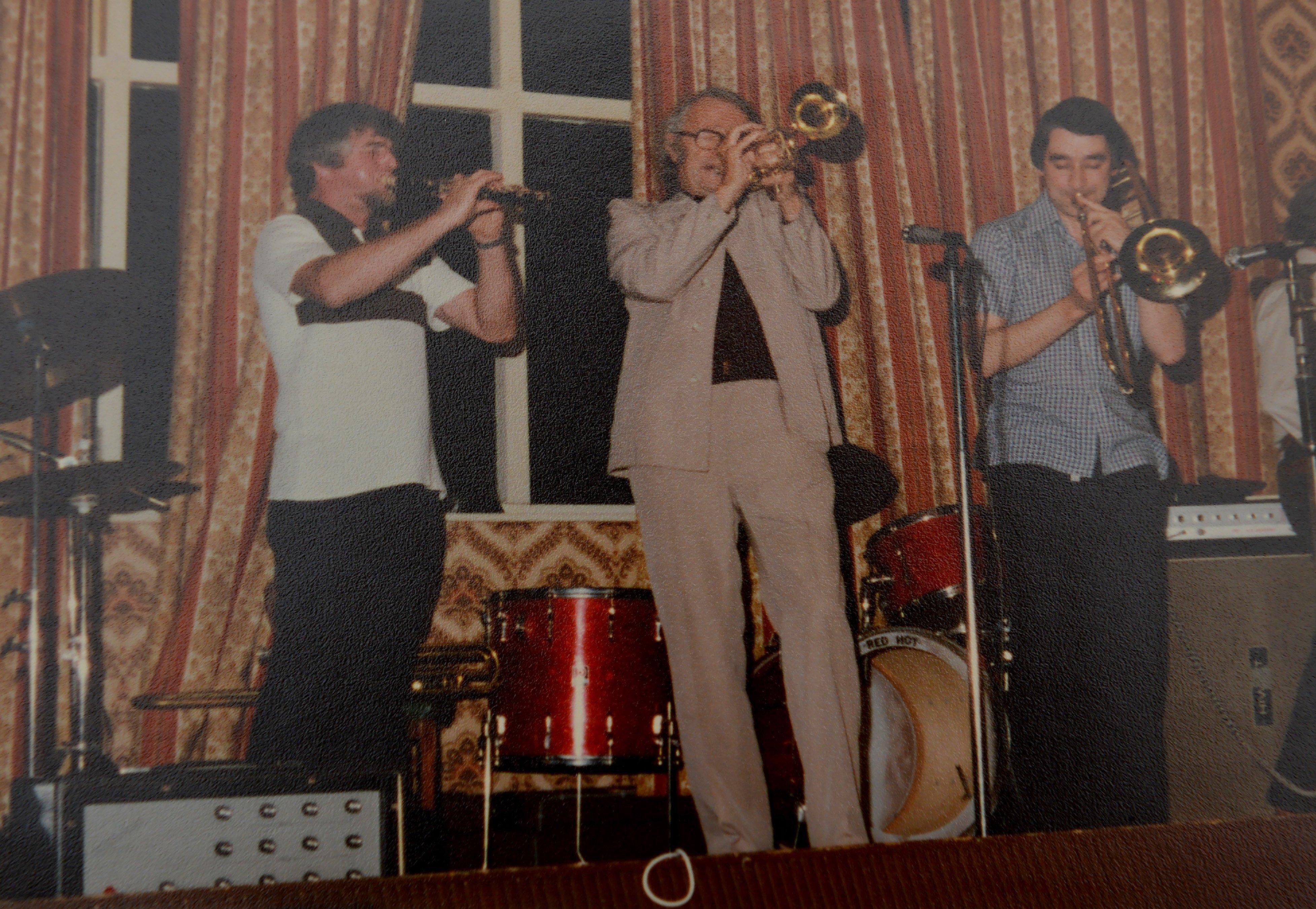 Jazz legend Humphrey Lyttleton, centre, playing with the Shades of Jazz band at Sutton Jazz Club in 1980.