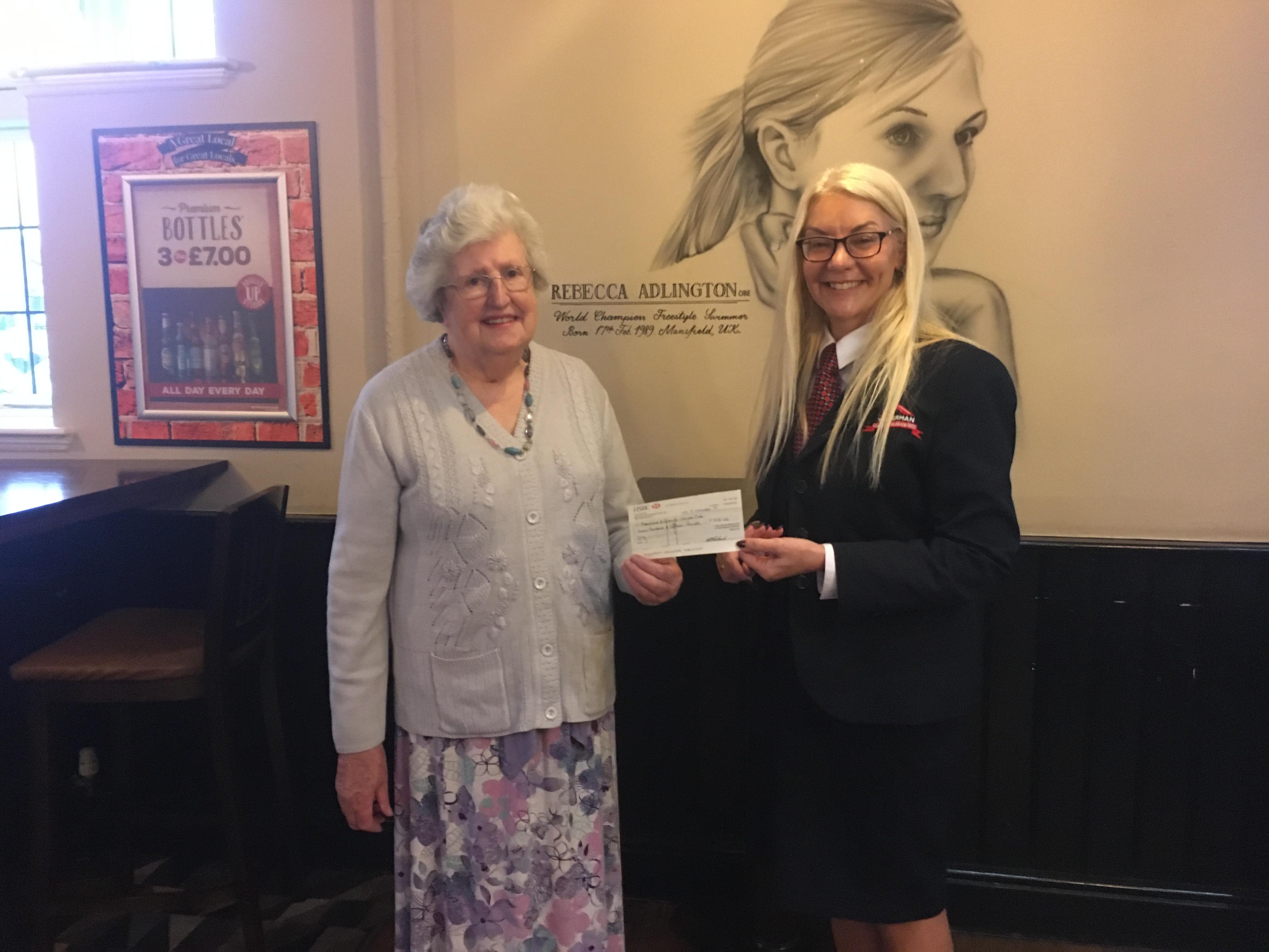 Right is Julie Whitehouse, marketing and sales manager at W Westerman Ltd, presenting the cheque to Betty Flintham.