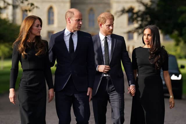 Catherine, Princess of Wales, Britain’s Prince William, Prince of Wales, Britain’s Prince Harry, Duke of Sussex, and Meghan, Duchess of Sussex at Windsor Castle on September 10, 2022. Credit: Getty Images