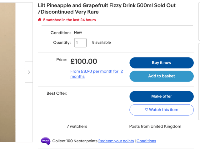  A fan is selling a 500ml bottle of Lilt drink for £100 which they brand as “very rare”. 