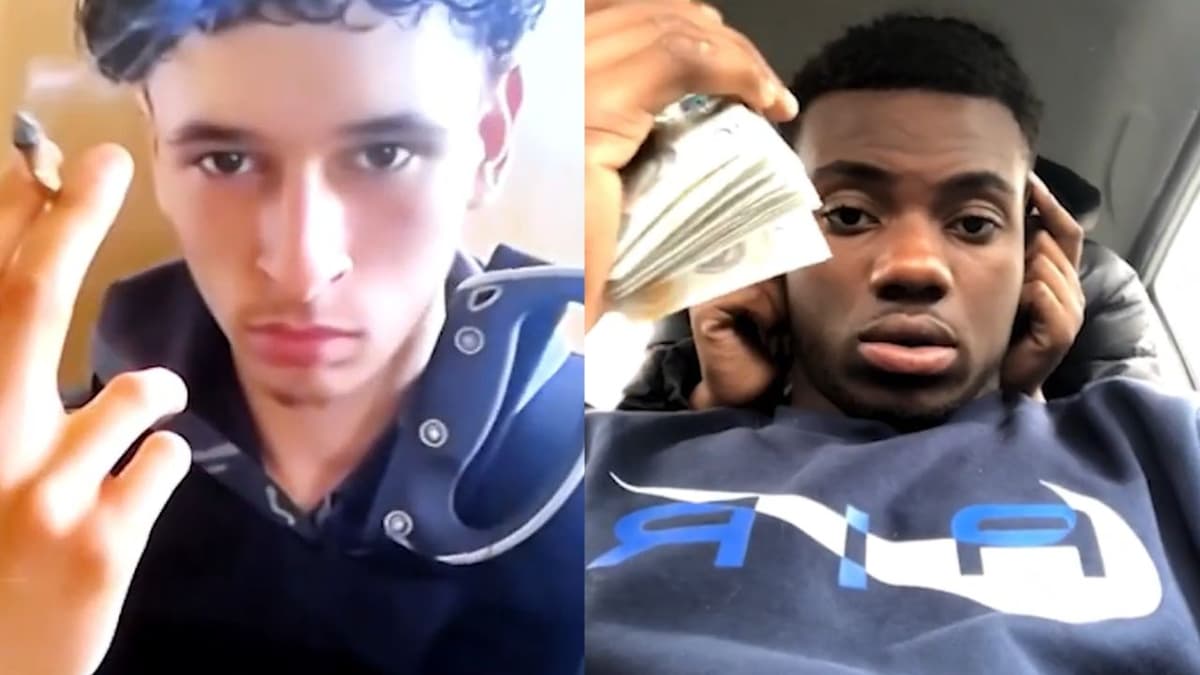 Gang members pose with wads of cash and machete