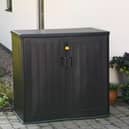 The garden storage range includes a compact cushion box and a larger 775-litre shed with lockable doors and a lifting lid