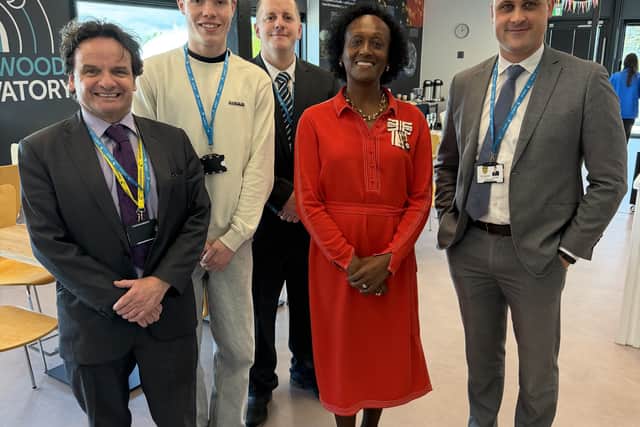Visiting the observatory are, from left: Simon Martin, MBE,  Max Green- Wright, (both ATTFE College), Lewis Taylor (Sutton Community Academy), Veronica Pickering ( Lord Lieutenant of Nottinghamshire),  Mike Brett (Dukeries Academy, Ollerton).