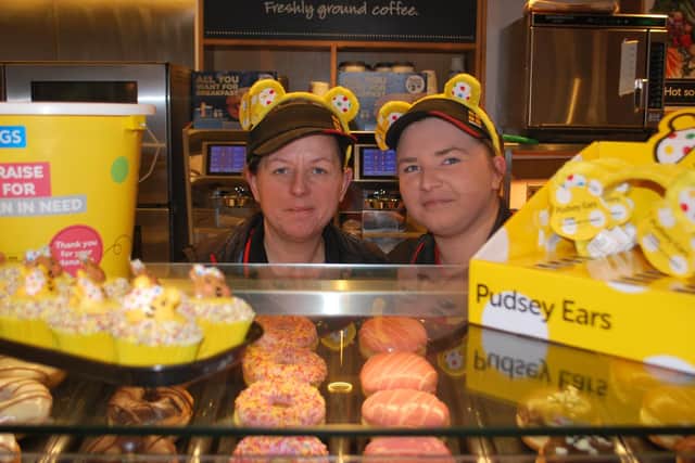 Greggs has been selling official Pudsey merchandise and cakes. Pictured in its West Gate branch are manager Donna Saxton, left, and senior sales assistant Letitia Marriott.