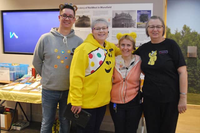 Staff at NatWest, Church Street, dressed down for Children in Need. Pictured, from left, are senior personal banker Daniel Rhodes and personal bankers Laura Rodgers, Angela Isaacs and Margaret Taylor.