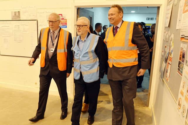 Jeremy Corbyn visits Vision West Nottinghamshire College's construction centre in Kirkby. Right is Andrew Cropley, college principal.
