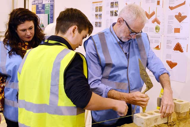 Jeremy Corbyn visits Vision West Nottinghamshire College's construction centre in Kirkby. Left is Labour candidate Natalie Fleet.