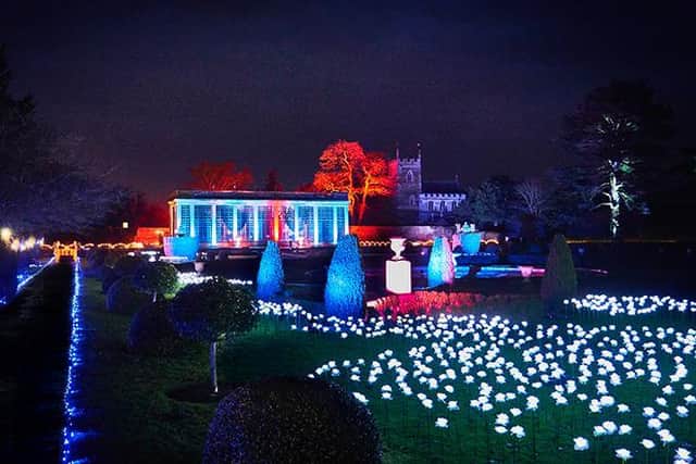 Illuminated flower garden at the entrance of the trail