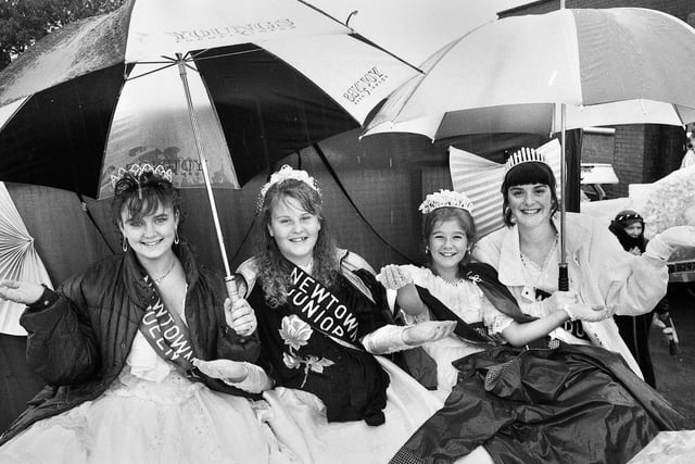 The Carnival Queens and Princesses in good spirits despite the pouring rain at Newtown Gala, 1992.