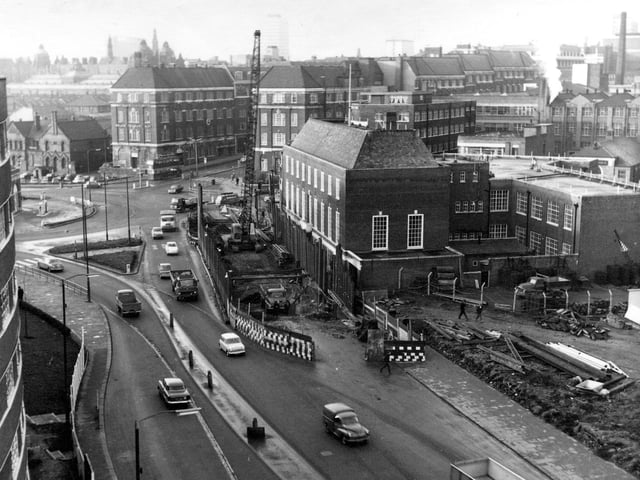 A view looking south-west along Eastgate towards the Eastgate roundabout on the left.