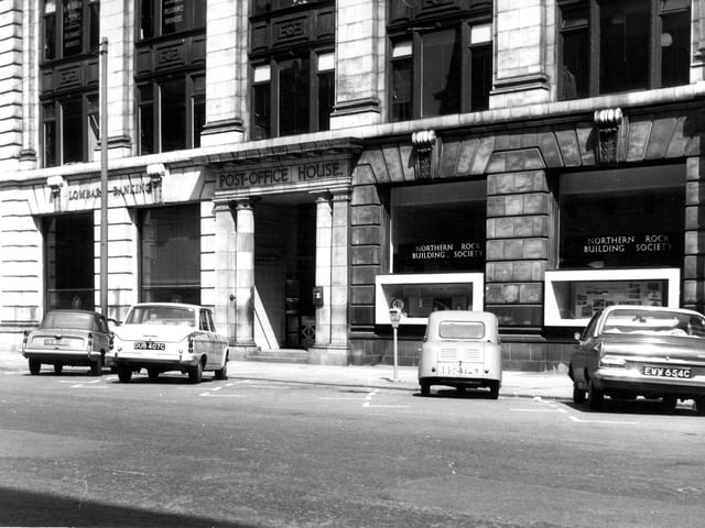 Infirmary Street in August 1966 showing Post Office House, home to Lombard Banking Ltd. and Northern Rock Building Society, among others.