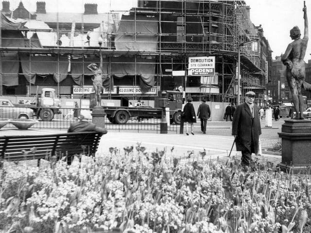 City Square in May 1964 showing the demolition taking place of the Royal Exchange Buildings at number 1A Park Row. A tower block replaced the buildings in 1965.