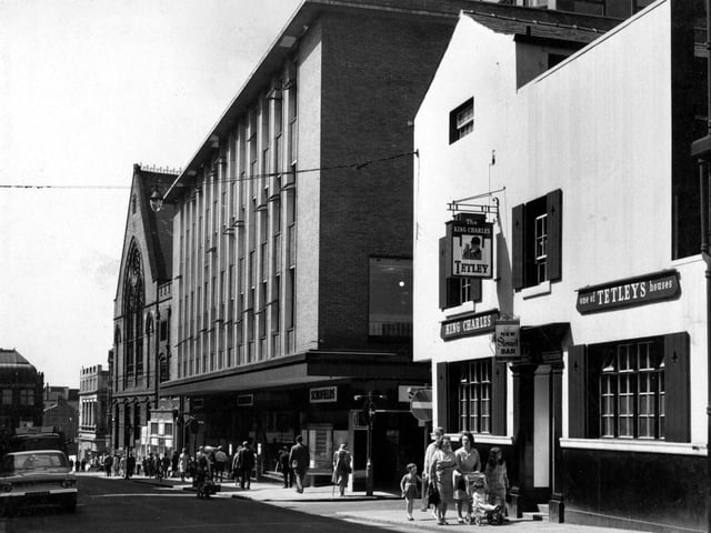 Lands Lane showing the King Charles Public House and Schofields Store. Both are now demolished.