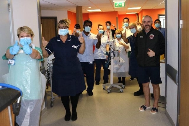 Patient Brendan Sheridan, right, with staff from Respiratory Ward 20, Pinderfields Hospita