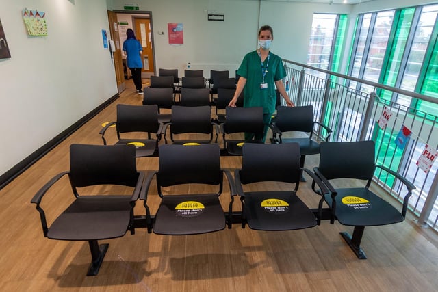 The 15 seats in the waiting area have been removed to leave just three, there is a one way in and out system and the pharmacy entrance is now from outside.