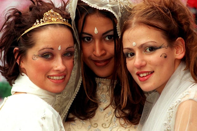 Shereen Gherin, Mary Davidson, and Roxanne Gregory during the Poshaak fashion show at the Preston Mela Festival, 1999
