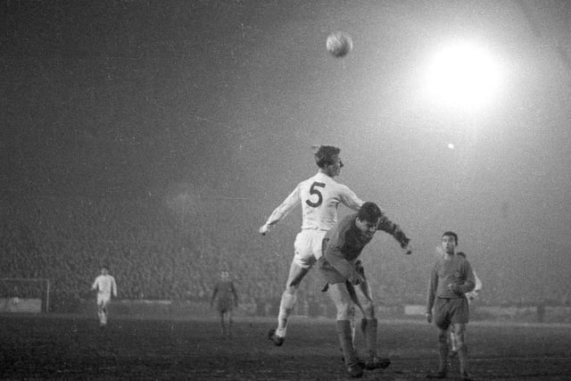 Jack Charlton heads clear against Valencia in an Inter-Cities Fairs Cup third round first leg clash in February 1966. The game finished 1-1. Leeds progressed after winning the return leg 1-0 in Spain.