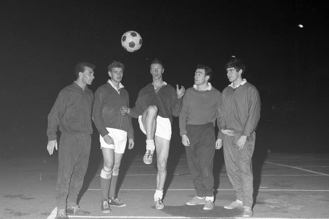 Jack Charlton and teammates pictured with the new 'spotted' ball in October 1965.