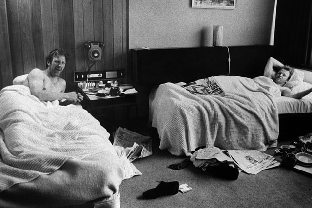 Jack Charlton and Billy Bremner wake up the morning after Leeds United won the 1972 FA Cup final.