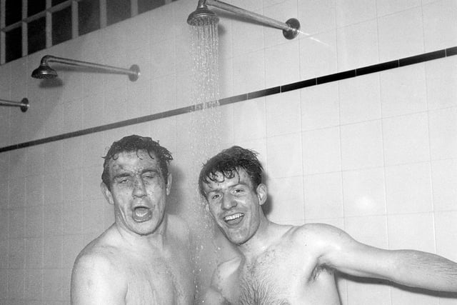 Alex Dawson, left and George Ross of Preston North End, shower after the match against Swansea, which Preston won 2-1.