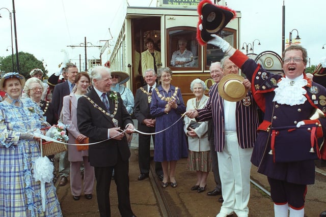 The Mayor of Wyre Coun Harry Taylor cuts the ribbon to officially open Fleetwood Tram Sunday in 1990