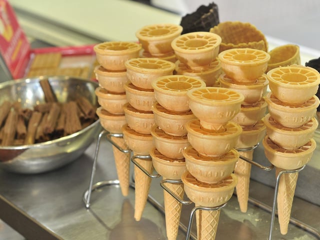 The cafe sells scores of different flavoured ice cream in cones - add a Flake to make it a 99