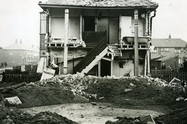This house on Lindale Gardens close to the corner of Faringdon Avenue , was badly damaged by a German bomb during an air raid  on October 19, 1940