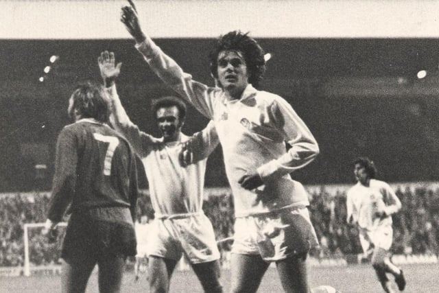 Paul Reaney celebrates after scoring for Leeds United. (Varley Picture Agency)