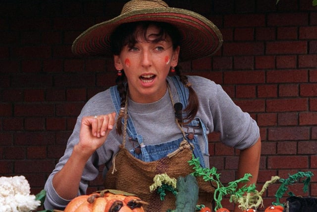Isabelle Bach of Les Zanimos with her 'singing vegetables' at Kirkgate Market in August 1998.