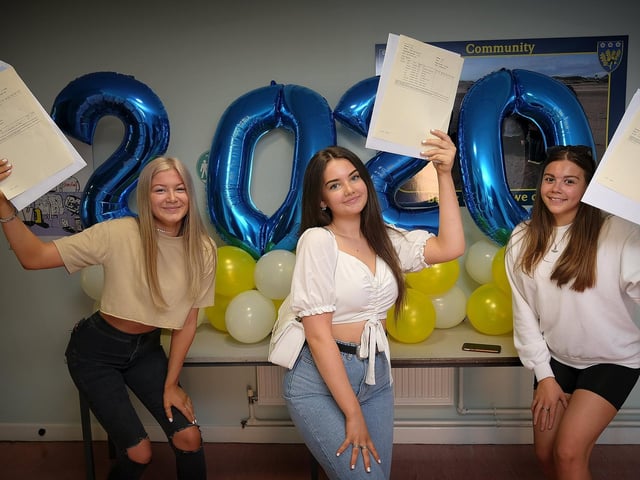 Olivia Bourne, Amy Barnard and Lauren Brown with their results at Scalby School.