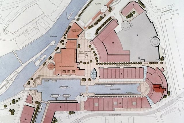 Roof plan of Clarence Dock, the proposed multi-million pound waterside development for Leeds in January 1999. The 14 acre site was to comprise of a combination of leisure, residential, commercial and retail units.