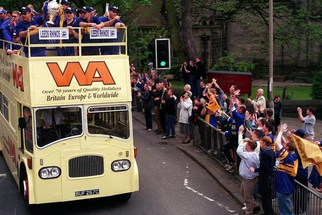Challenge Cup winners Leeds Rhinos on an open topped bus coming through Headingley during their homecoming after beating London Broncos 52-16 at Wembley in May 1999.