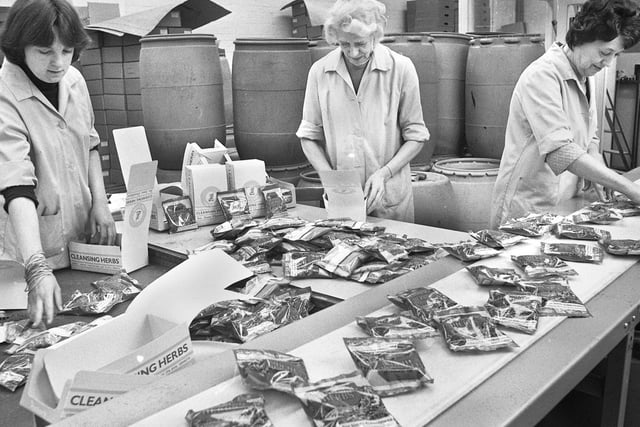 Packing cleansing herbs ready for the shops at Potter's Herbs factory in Leyland Mill Lane in March 1977.