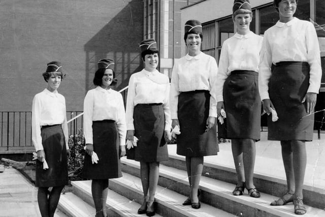 Heinz female guides line up on the steps of the Kitt Green plant, to welcome visitors in 1970.