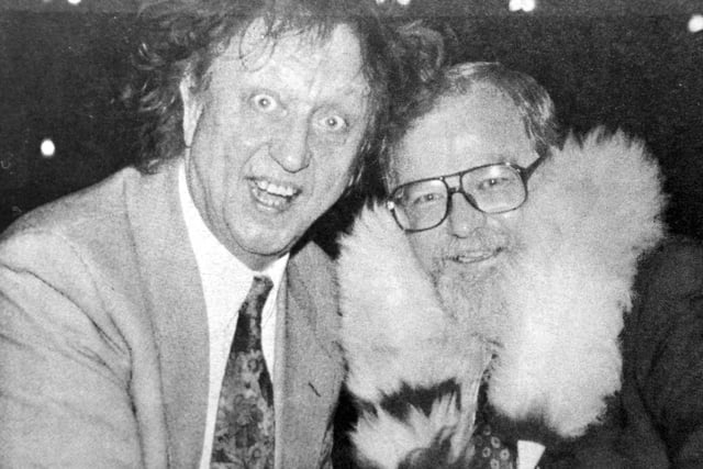 Ken Dodd visits Wigan, pictured with journalist Geoffrey Shryhane in 1993.