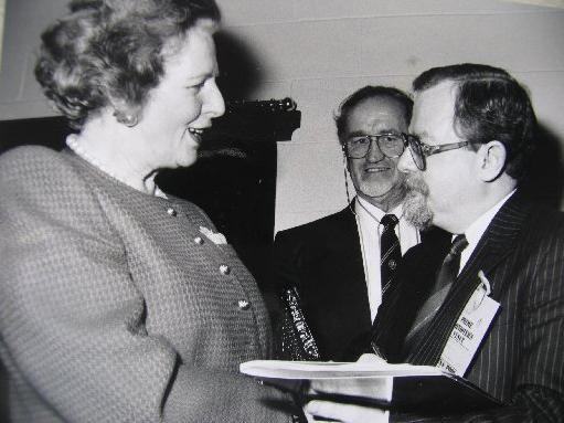 Then Prime Minister Margaret Thatcher meets Geoffrey Shryhane as she visited Wigan in 1990.