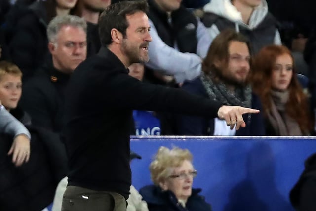 Leeds head coach Thomas Christiansen watches on as his side battle with the Foxes. (Getty)