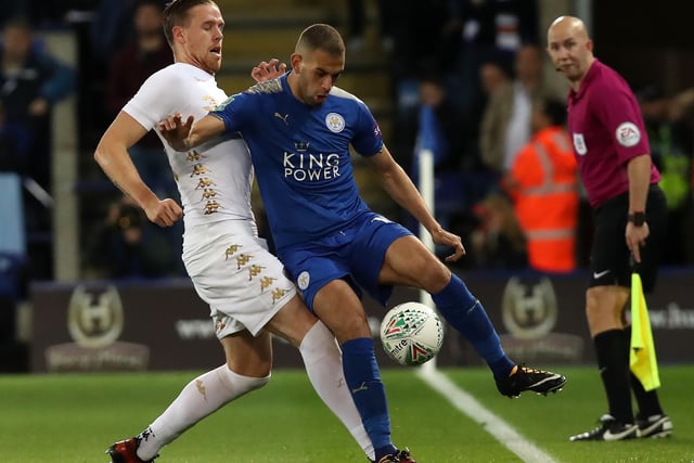 Leeds United defender Pontus Jansson challenges Foxes forward Islam Slimani in the early stages. (Getty)