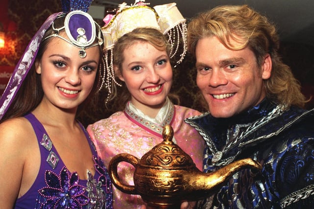 Byker Grove's Emma Brierley (left) from Dewsbury and Sasha Lawrence, 18, of Pontefract with Ian Williams from Neighbours in Aladdin at the City Varieties.