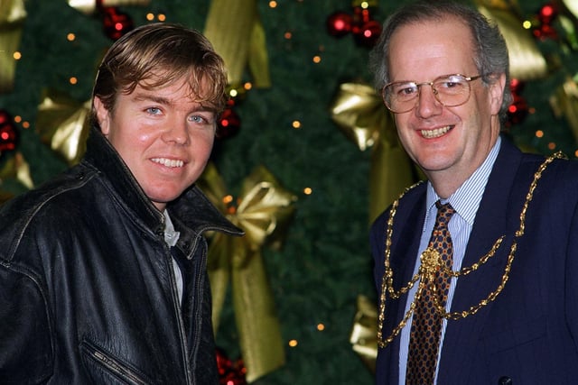 Leeds United star Tomas Brolin with deputy Lord Mayor of Leeds Coun Andrew Carter at the switch-on of the Christmas lights at Leeds City Station.