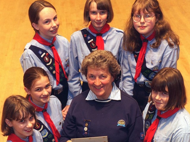 Tina Boulton, captain of the 2nd Adel Guide Company, which she started 40 years ago. Pictured with patrol leaders, from left, are Sarah Griffiths, Rebecca Day, Rebecca Jones, Emma Waite, Melanie Hartley and Janey Barraclough.