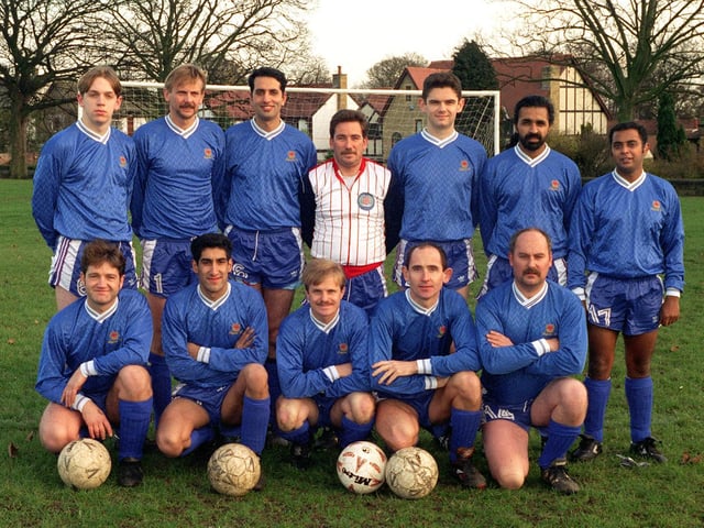 Leeds Deaf FC. Back: Christian Richardson, Edward Pollard, Brian Robinson, Ian McDonald, Paul Young, Gurdu Singh, Peter Singh. Front: Jeff Dedman, Aftab Hussain, Pinky Samra and Ste Hardwick.