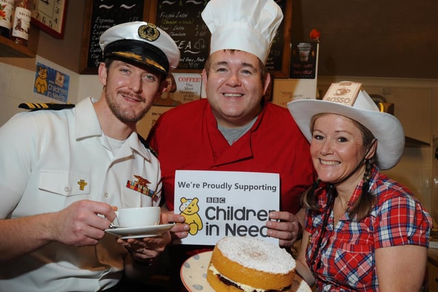 ,from left, William Catlin, Stephen Blundell and Alison Eccles at Caffe Rosso, Wigan, donated £1 from every transaction to Children In Need in 2016.