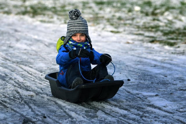Five-year-old Freddie Fielding enjoys the snow near the Great Yorkshire Showground in Harrogate in 2020.