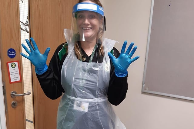 Hayley Joanne sent in a photograph attempting to get primary pupils used to seeing staff in PPE.